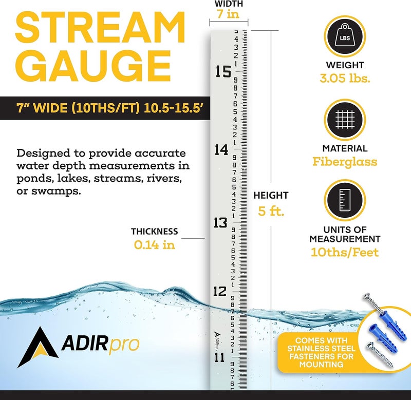 AdirPro 7" Wide Stream Gauge 10.5' - 15.5'- Heavy Duty Staff - All Weather Measuring - Flow Meters (100ths/10ths/feet) - Image 1